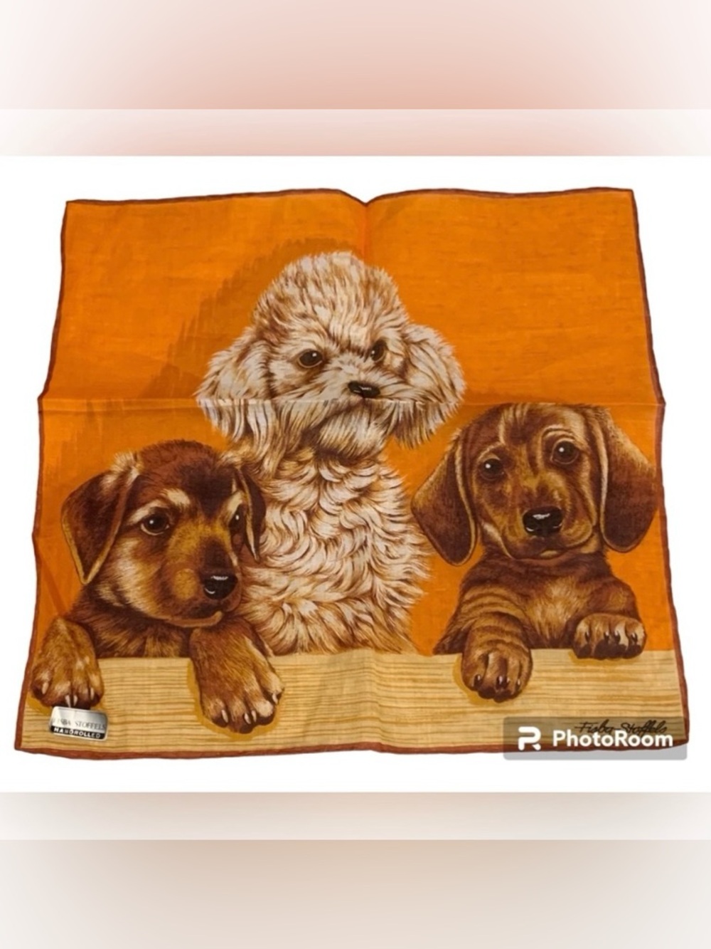 Fisba Stoffells Handrolled Square Handkerchief Scarf Orange Dachshund Poodle Dog